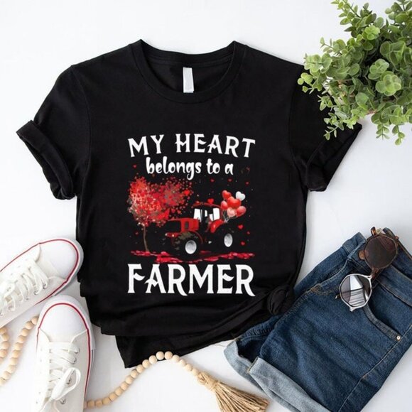 Gildan Tops - My Heart Belongs To A Farmer T-Shirt, Music Valentine Shirt, Farmer Lover Shirt